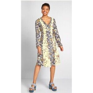 ModCloth Unique Persona Midi Dress Yellow Floral Size 6 Long Sleeve NWT